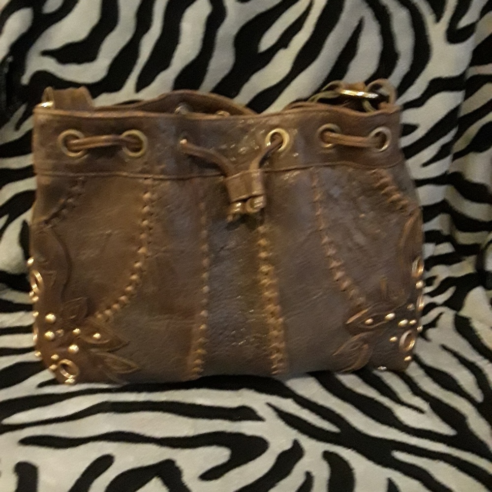 Brown leather drawstring purse